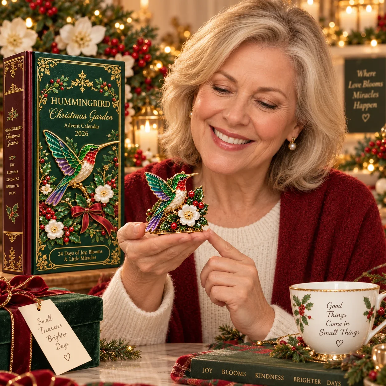 Hummingbird lover holding a Christmas Garden miniature