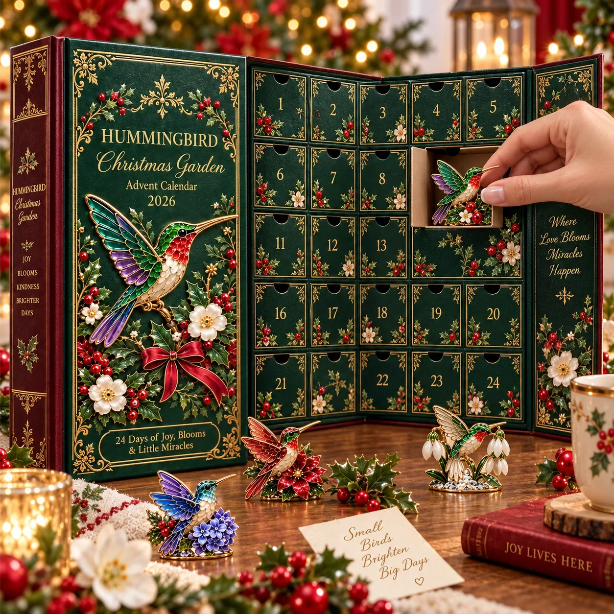Opening one numbered compartment from the Hummingbird Christmas Garden Advent Calendar