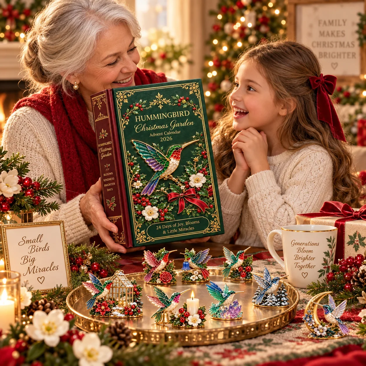 Grandmother and granddaughter sharing the Hummingbird Christmas Garden Advent Calendar