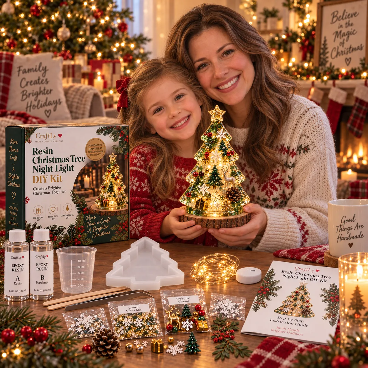 Adult and child displaying finished resin Christmas tree