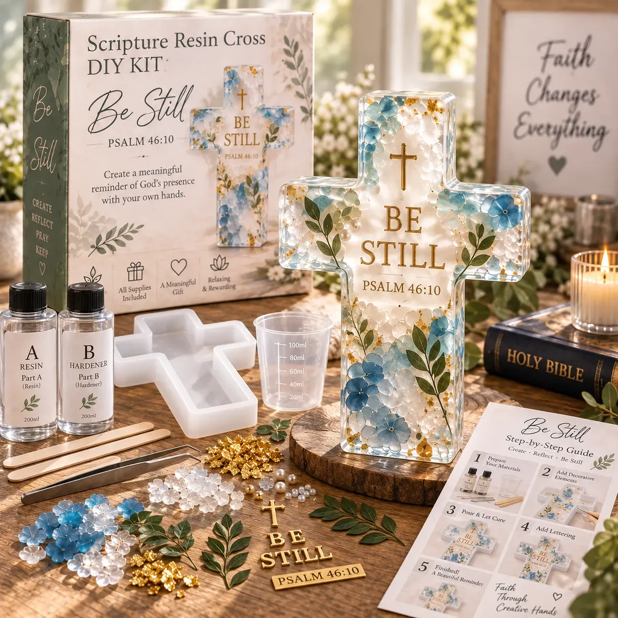 Be Still Scripture resin cross DIY kit and matching finished design