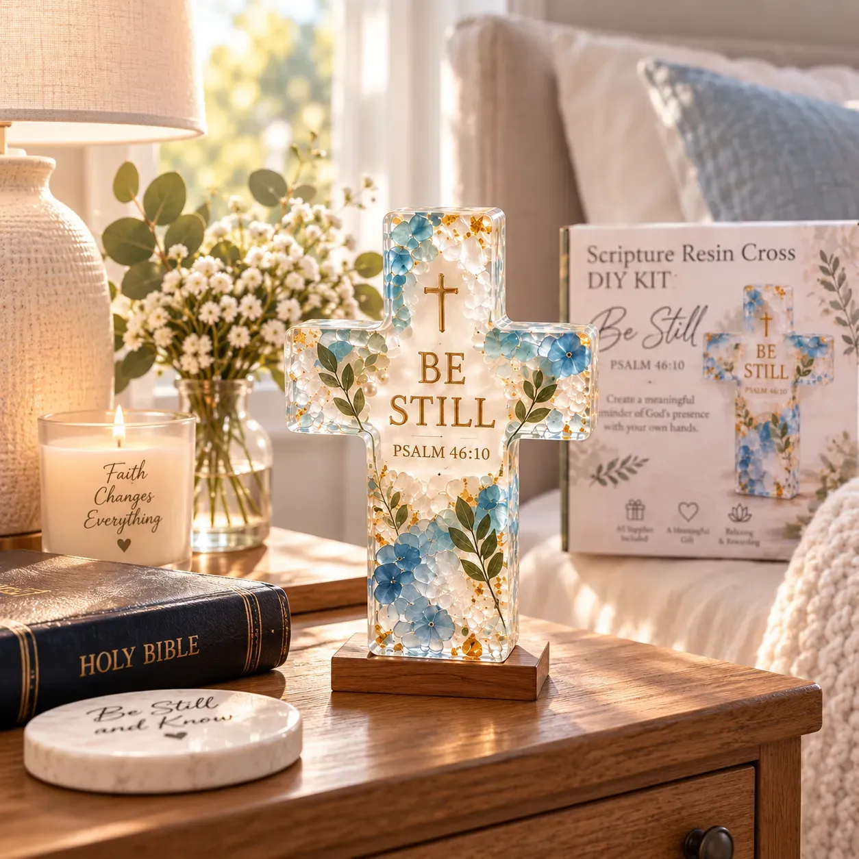 Finished Be Still resin cross displayed on a bedside table beside a Bible