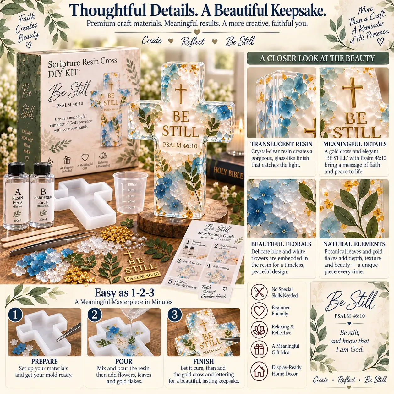 Be Still design detail board showing translucent resin, blue and white florals, leaves and gold Scripture lettering