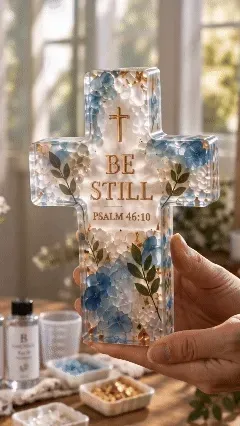 Animated close-up of the Be Still resin cross held up to the light