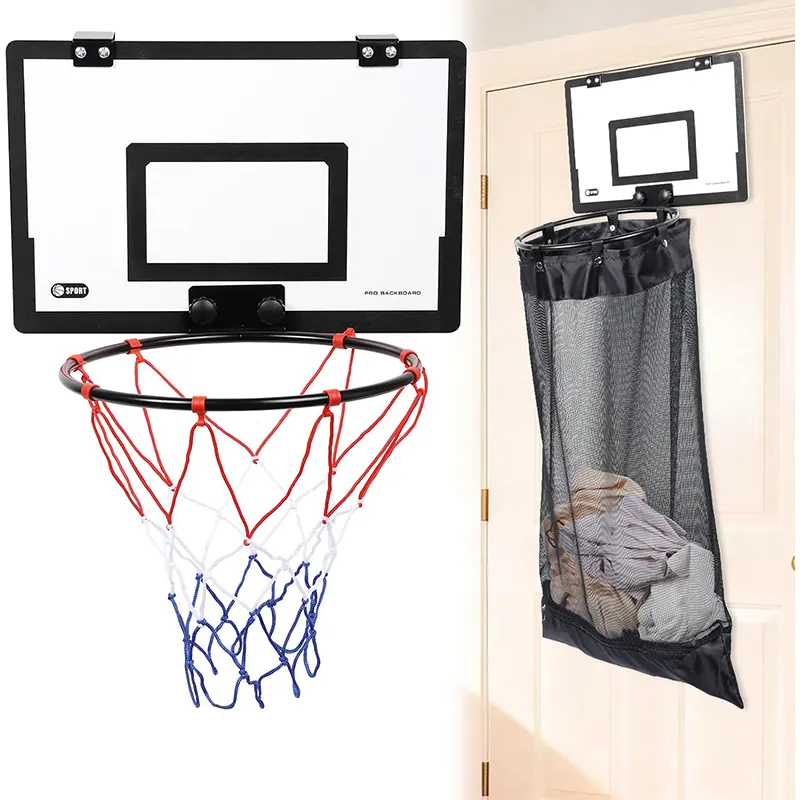 Black basketball backboard and hoop shown without laundry bag
