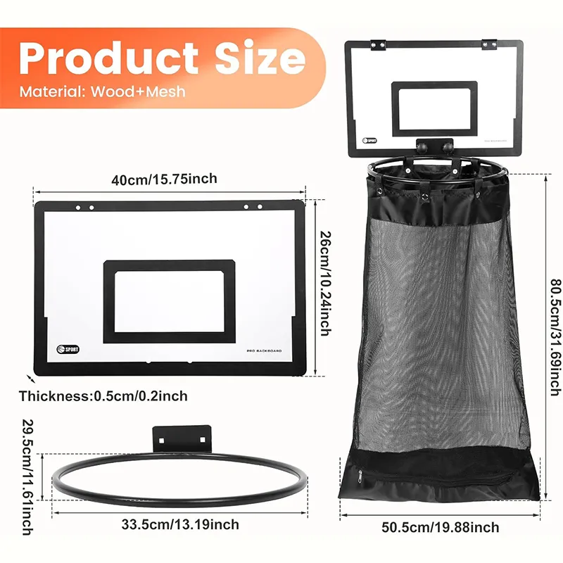 Black over-door basketball hoop with hanging laundry basket