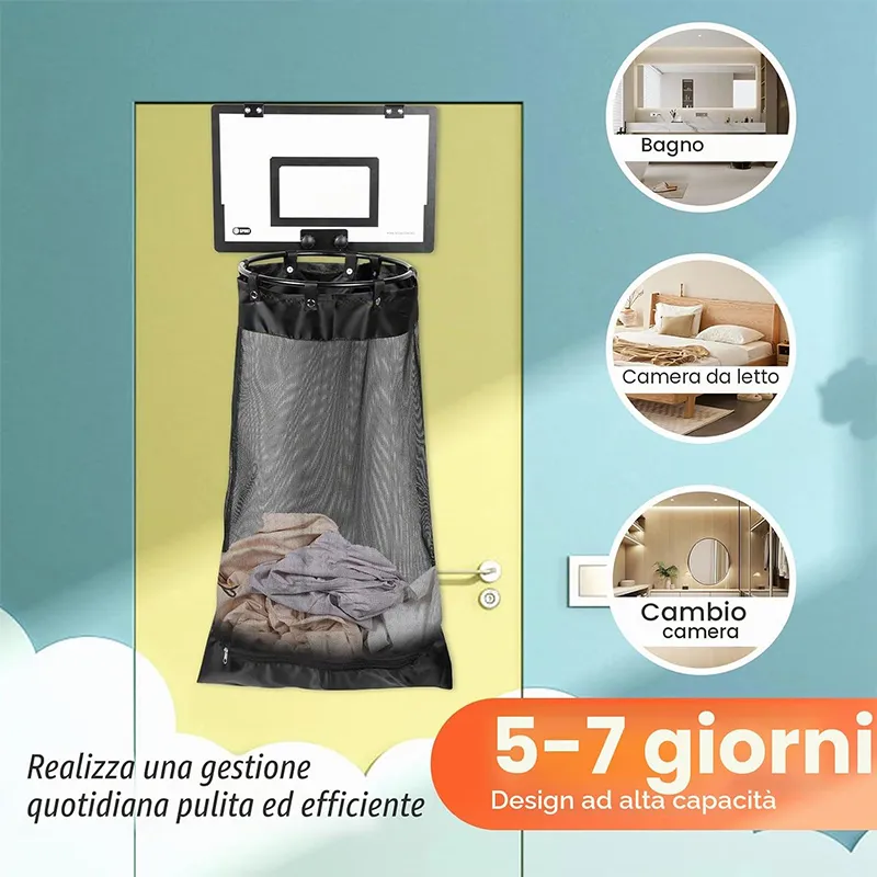 Over-door basketball laundry basket in bedroom bathroom and kids room settings
