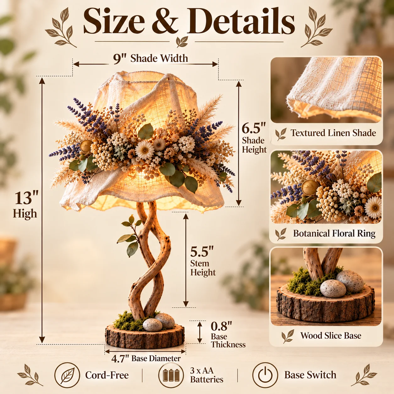 Cord-free Botanical Woodland Table Lamp on a shelf
