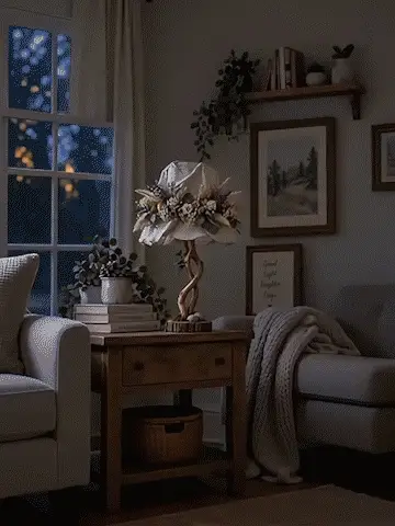 Botanical Woodland Table Lamp glowing in a warm cozy home