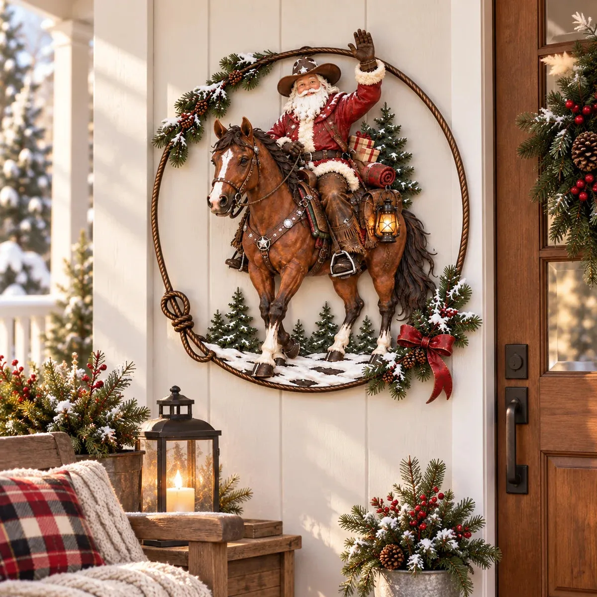 Western Cowboy Santa Christmas metal wall decor on a festive porch