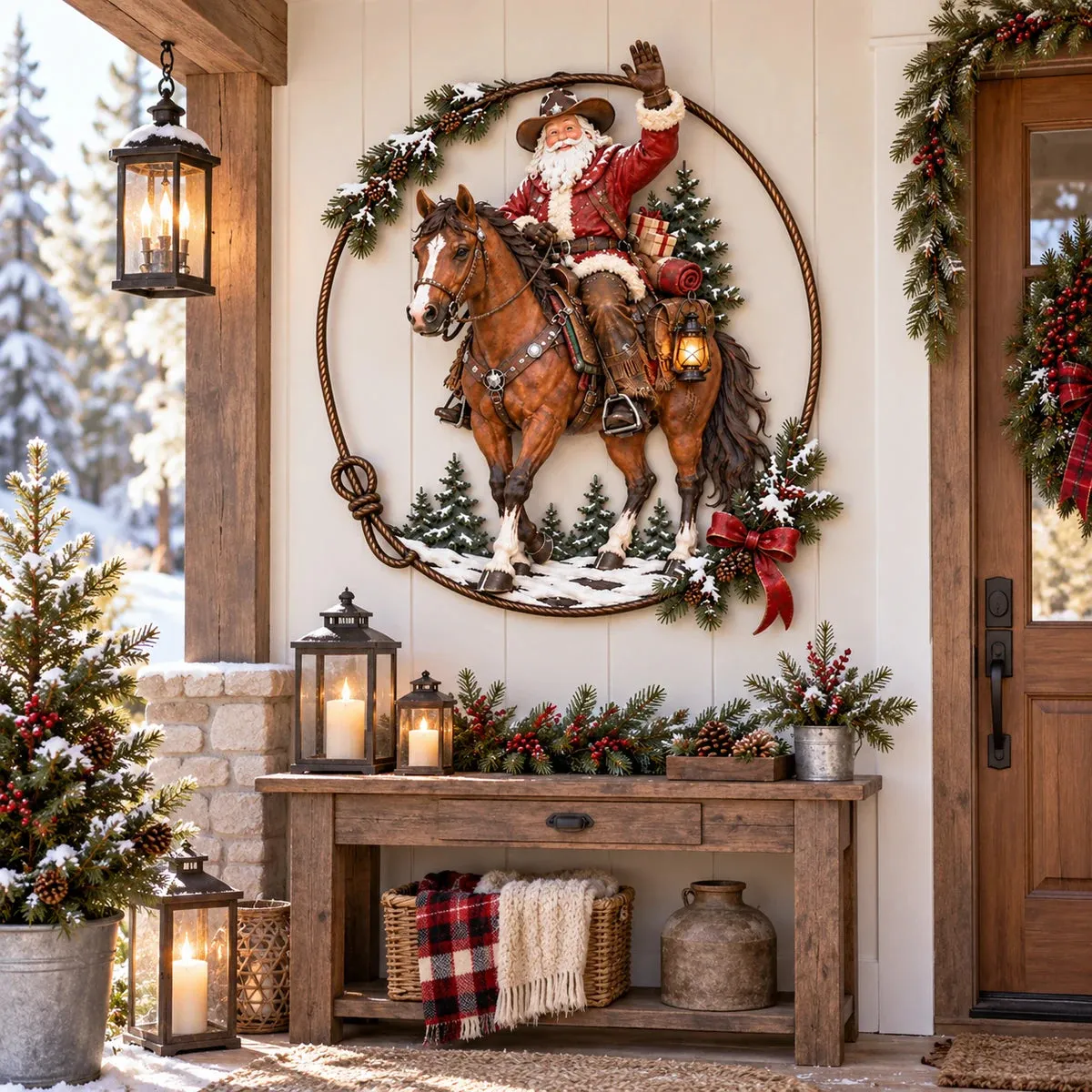 Cowboy Santa wall decor displayed on a decorated Christmas porch