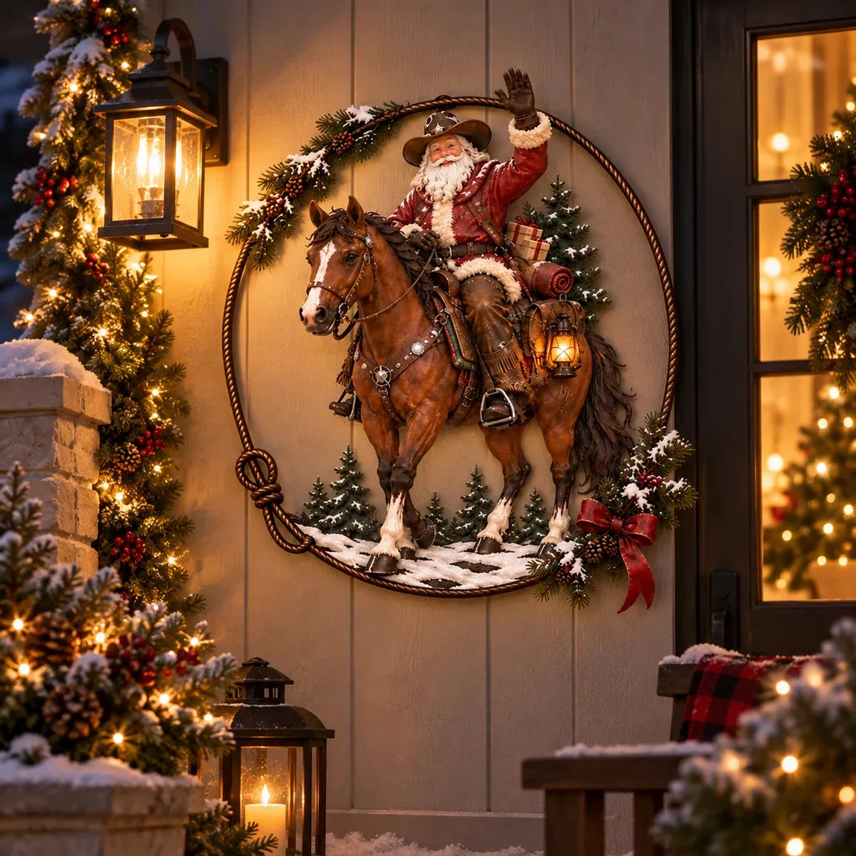 Western Cowboy Santa wall decor at night beside Christmas lights