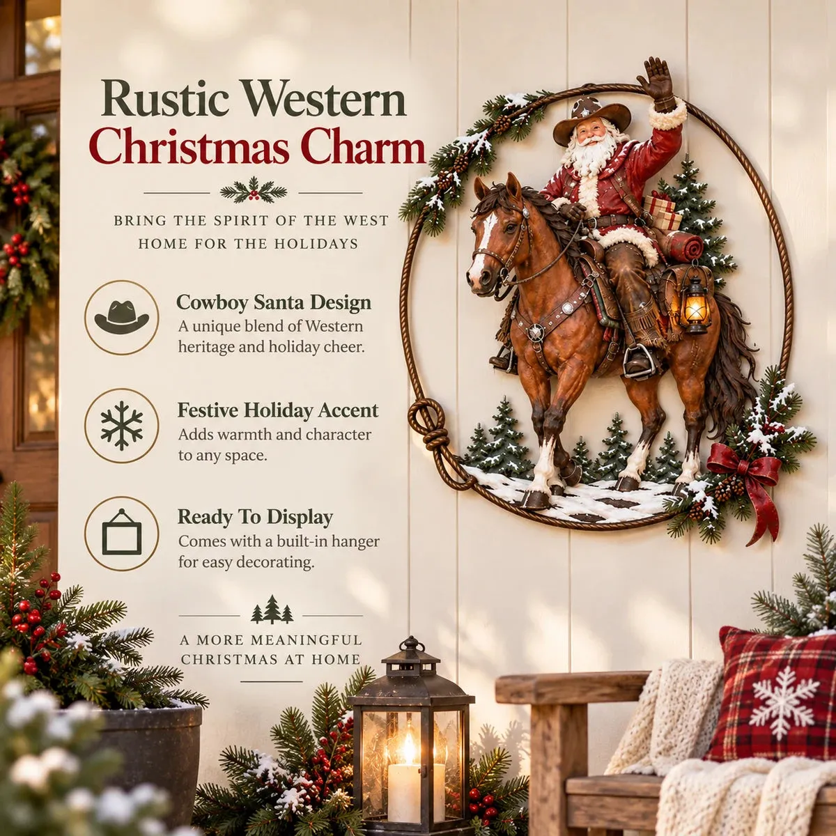 Rustic Western Christmas Cowboy Santa wall decor features