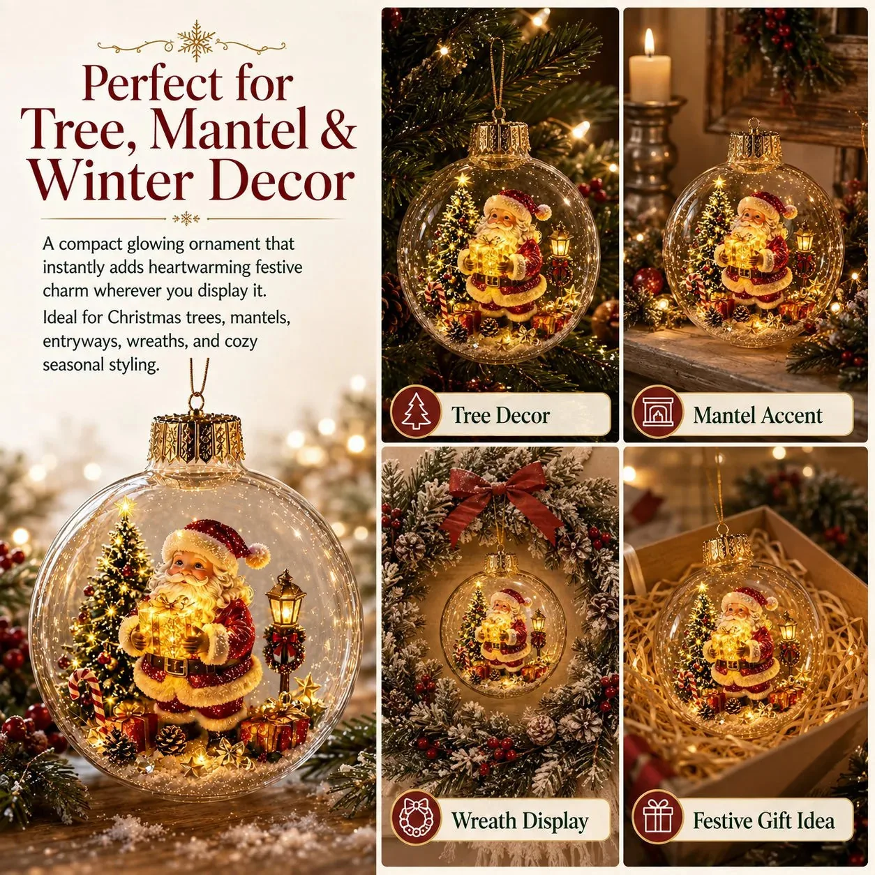 Lighted Christmas Diorama Globe Ornament – Built-In Light Effect