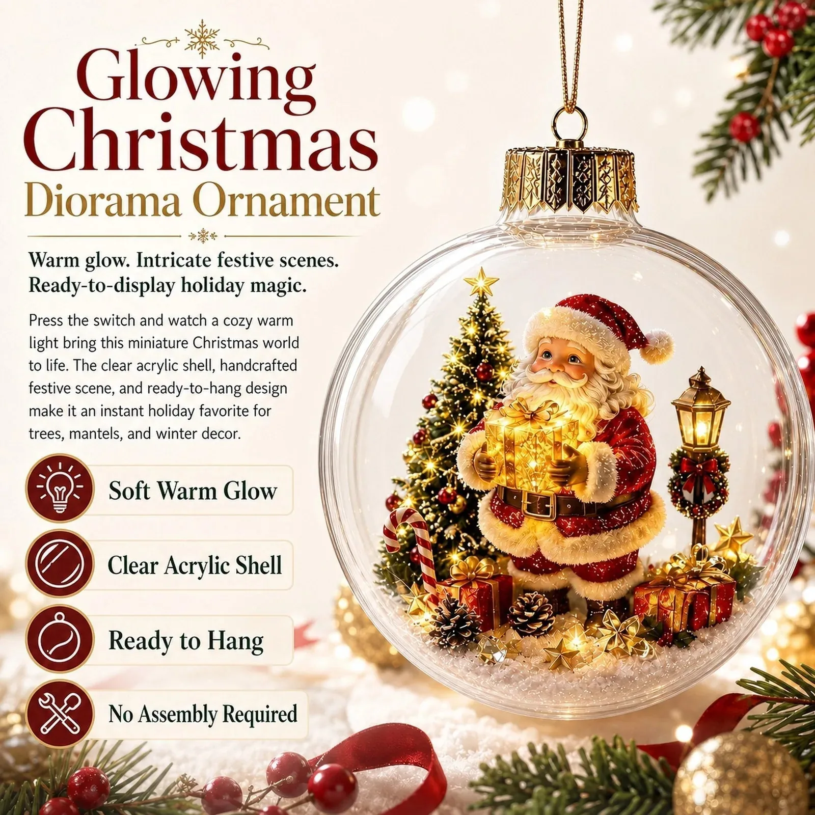 Lighted Christmas Diorama Globe Ornament detail view