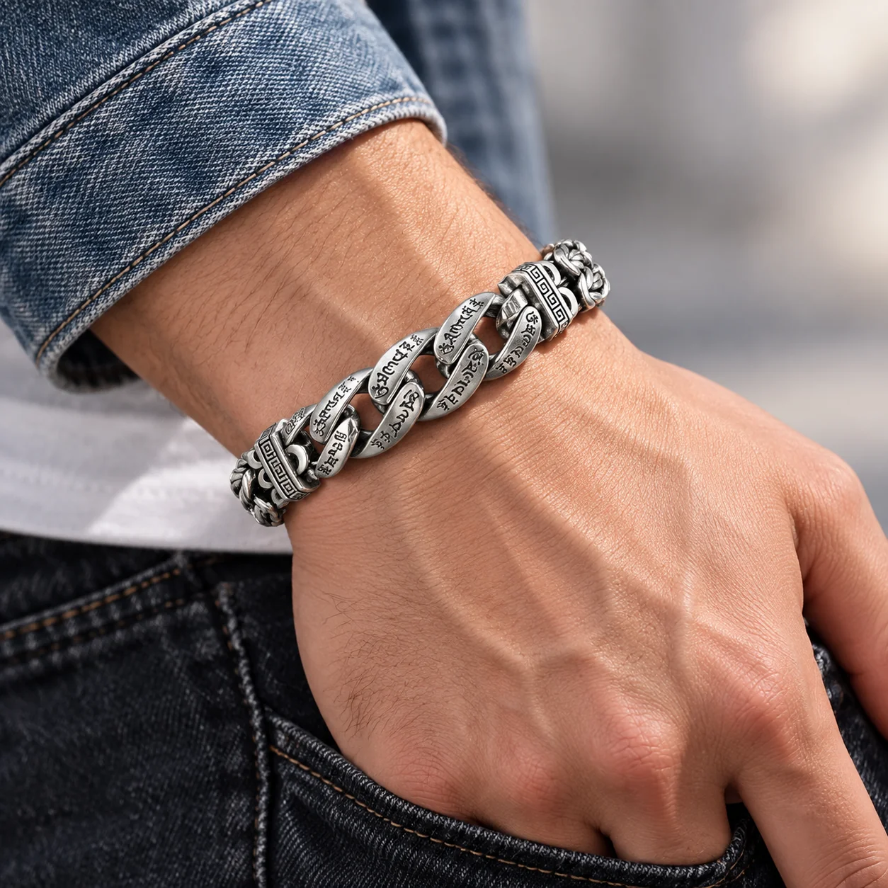 Close-up view of bracelet clasp and geometric detailing