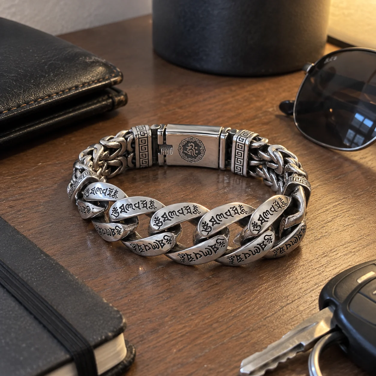 Detailed engraved chain bracelet on dark stone