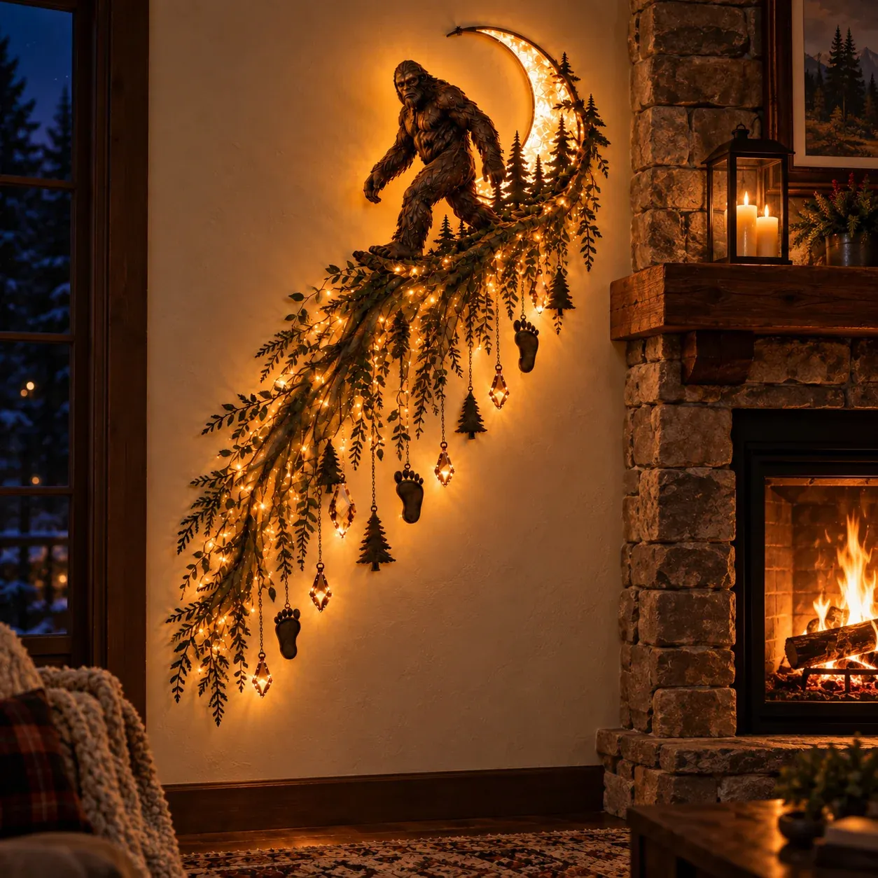 Bigfoot Moonlight Cascade Wall Light glowing on a wall beside a fireplace