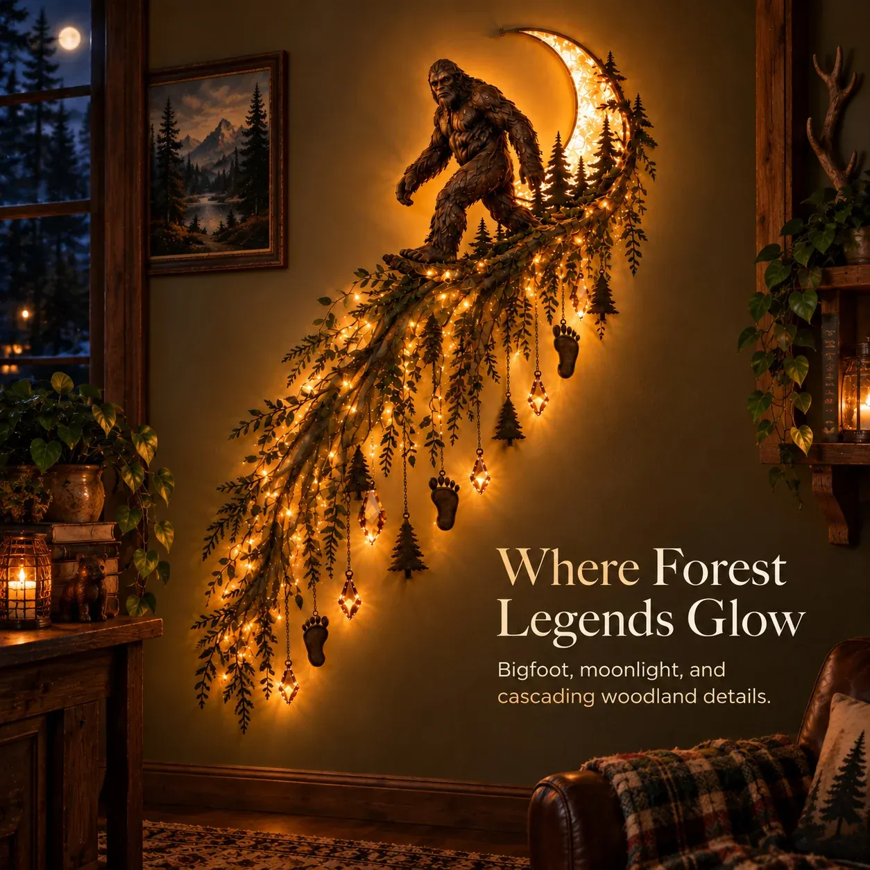 Where Forest Legends Glow: Bigfoot, moonlight, and cascading woodland details