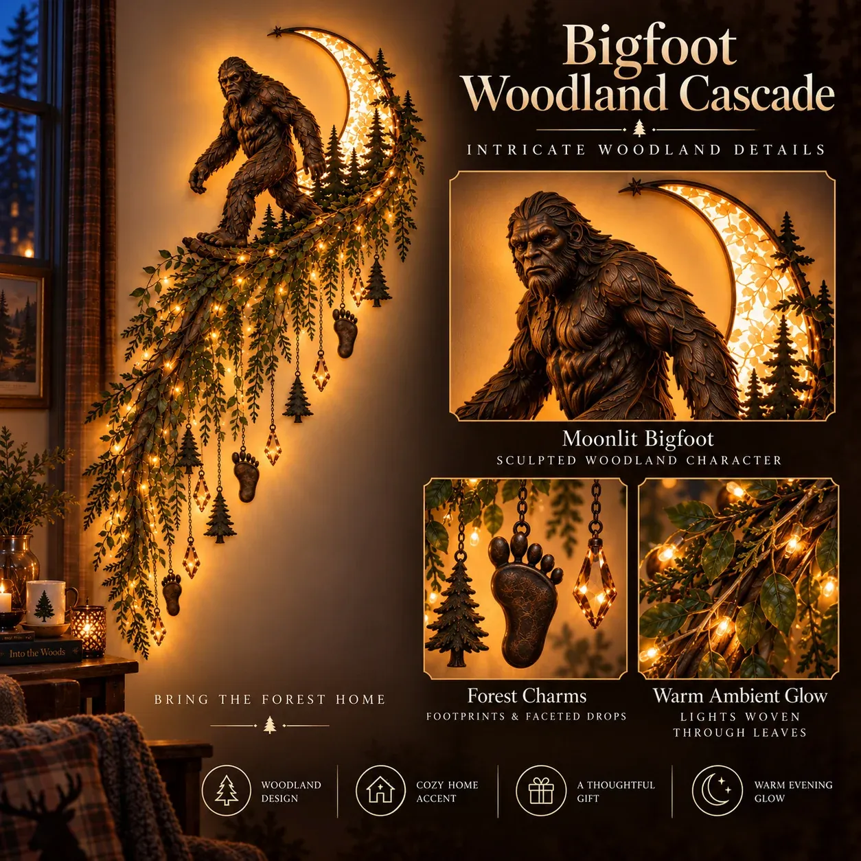 Full design and close views of the sculpted Bigfoot, crescent, footprint and pine charms, faceted drops and light-wrapped leaves