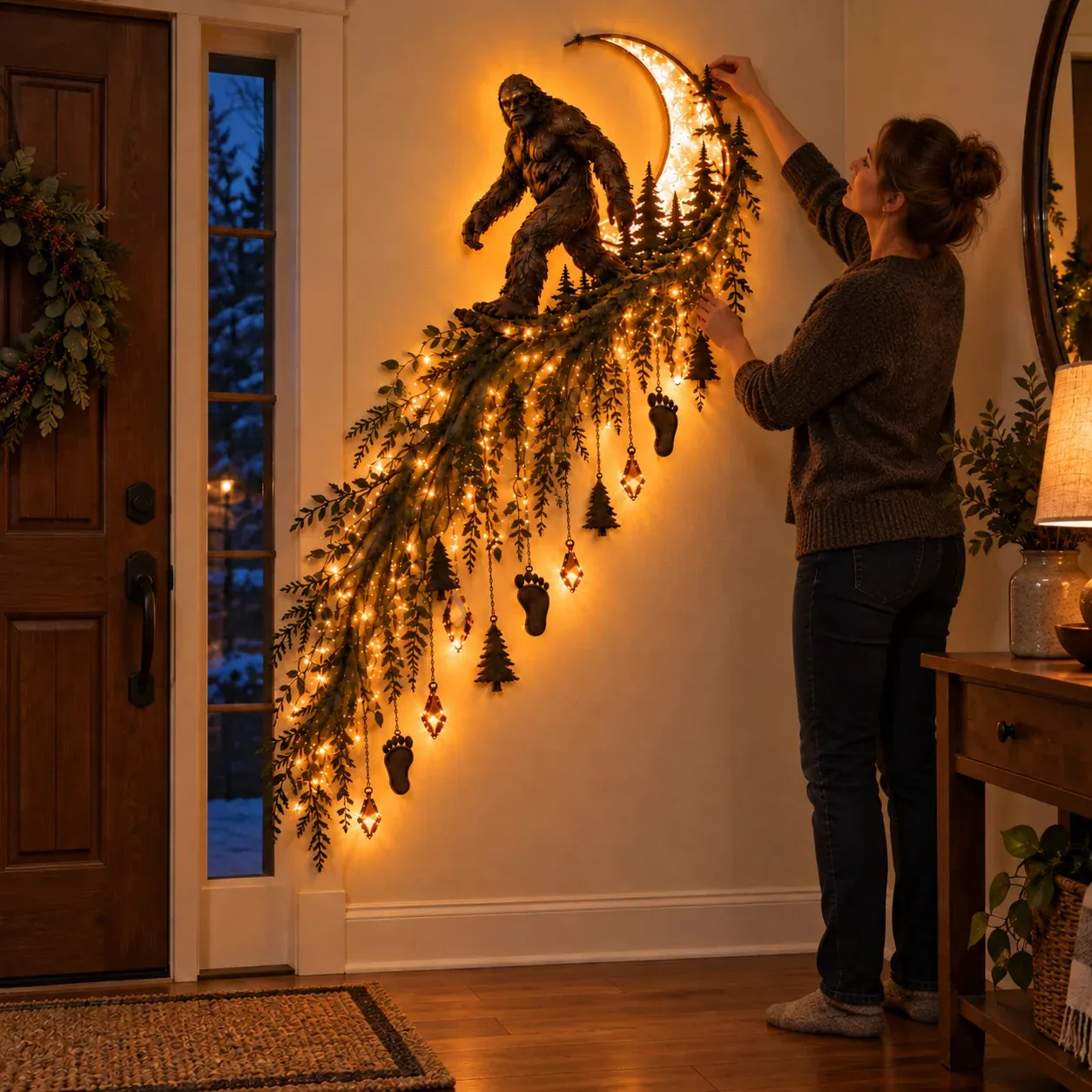 Woman positioning the Bigfoot crescent moon wall decoration in a home entryway
