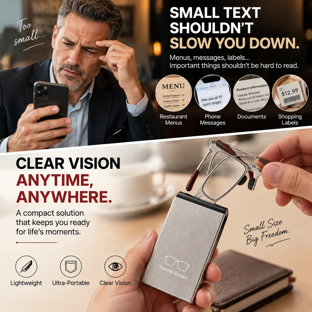 Portable reading glasses for menus phones and small print