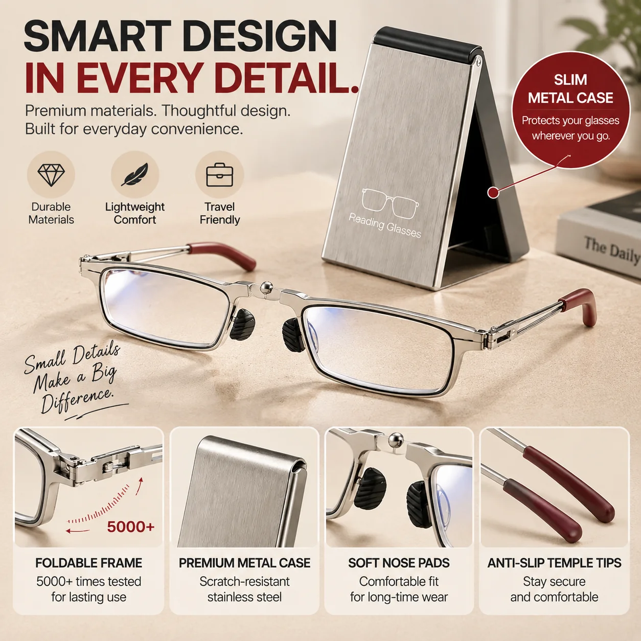 Foldable reading glasses frame and protective case details