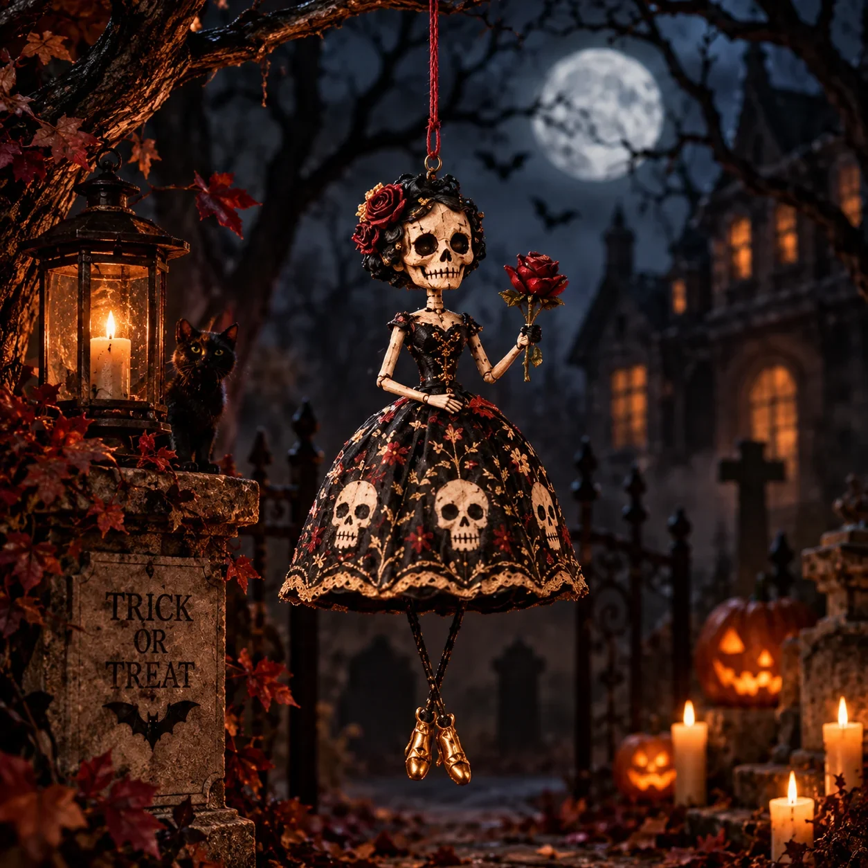 Skull Lady at night Halloween display