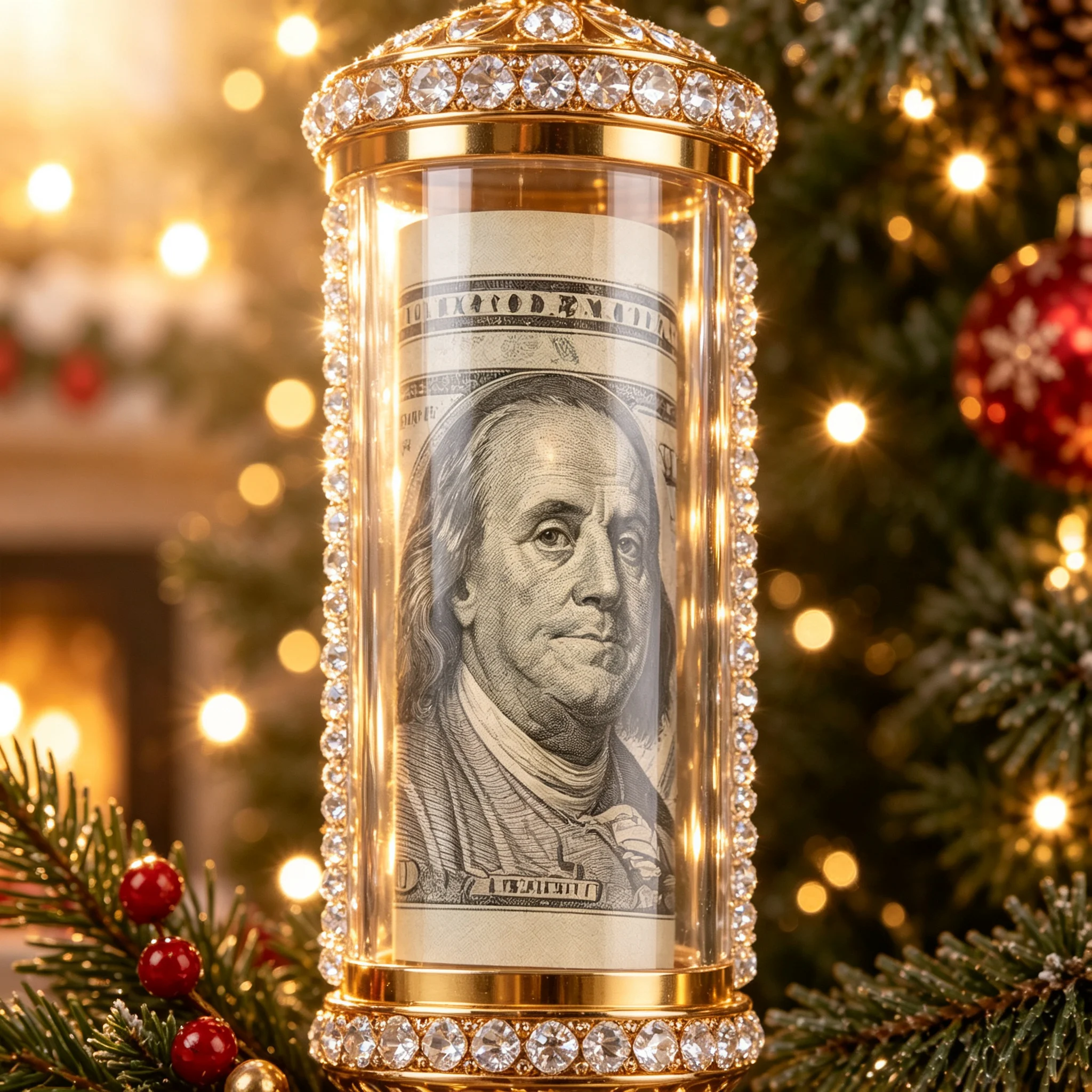 Close-up of the rhinestone-trimmed clear money tube holding a rolled dollar bill