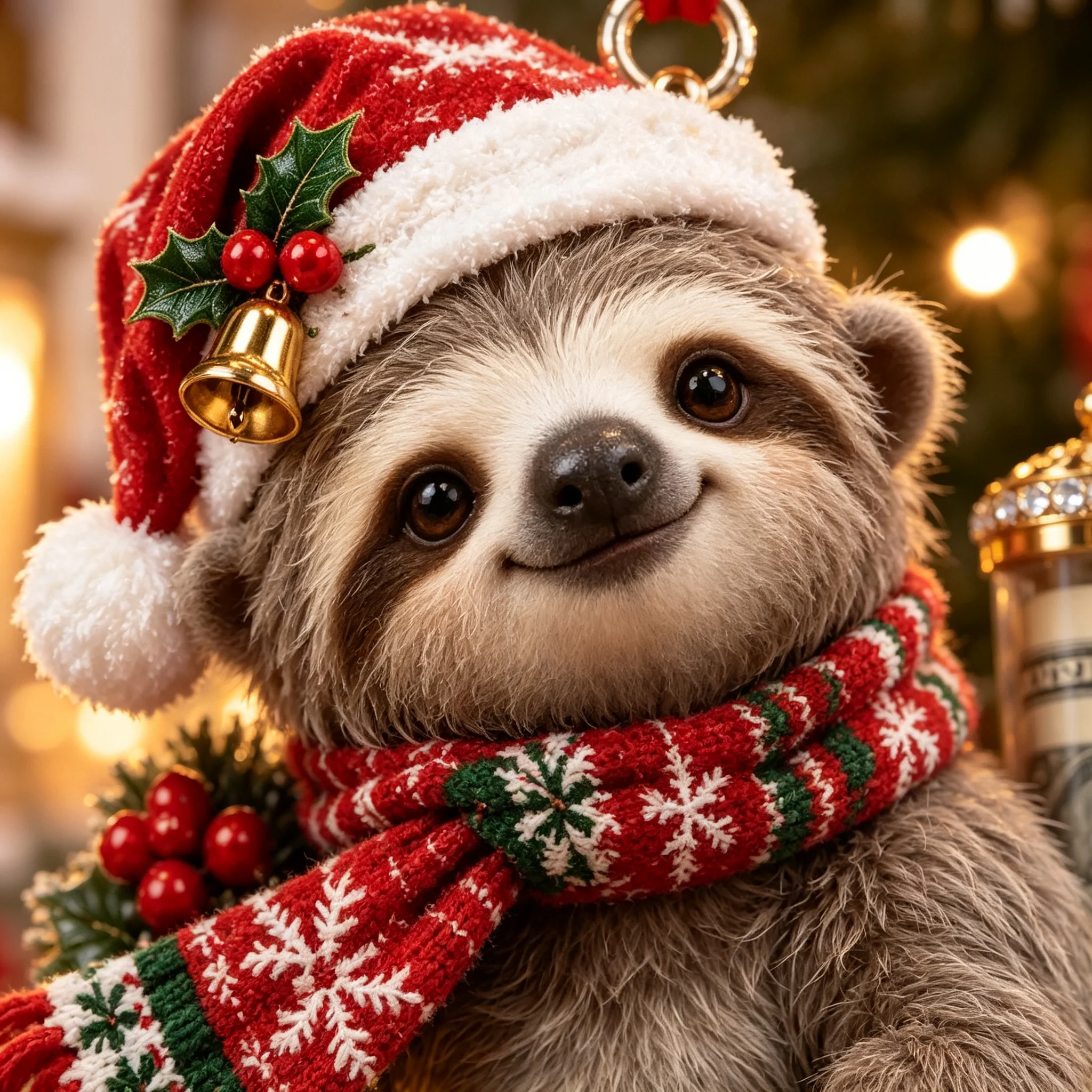 Macro close-up of the soft plush sloth face with Santa hat