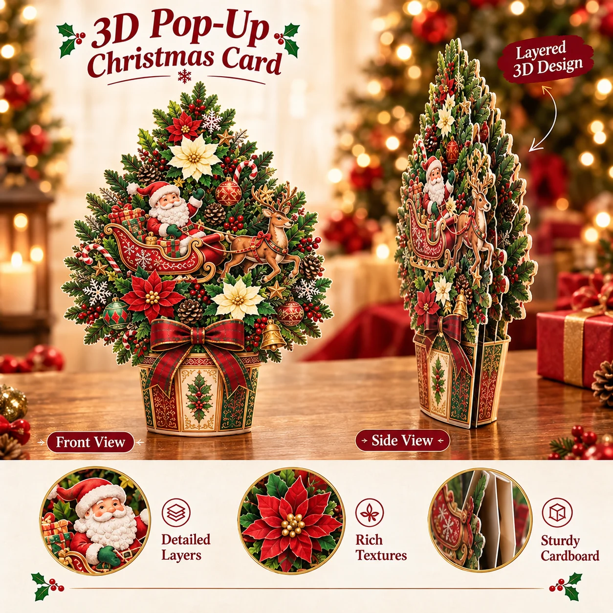 Pop-up Christmas tree card used as holiday decoration