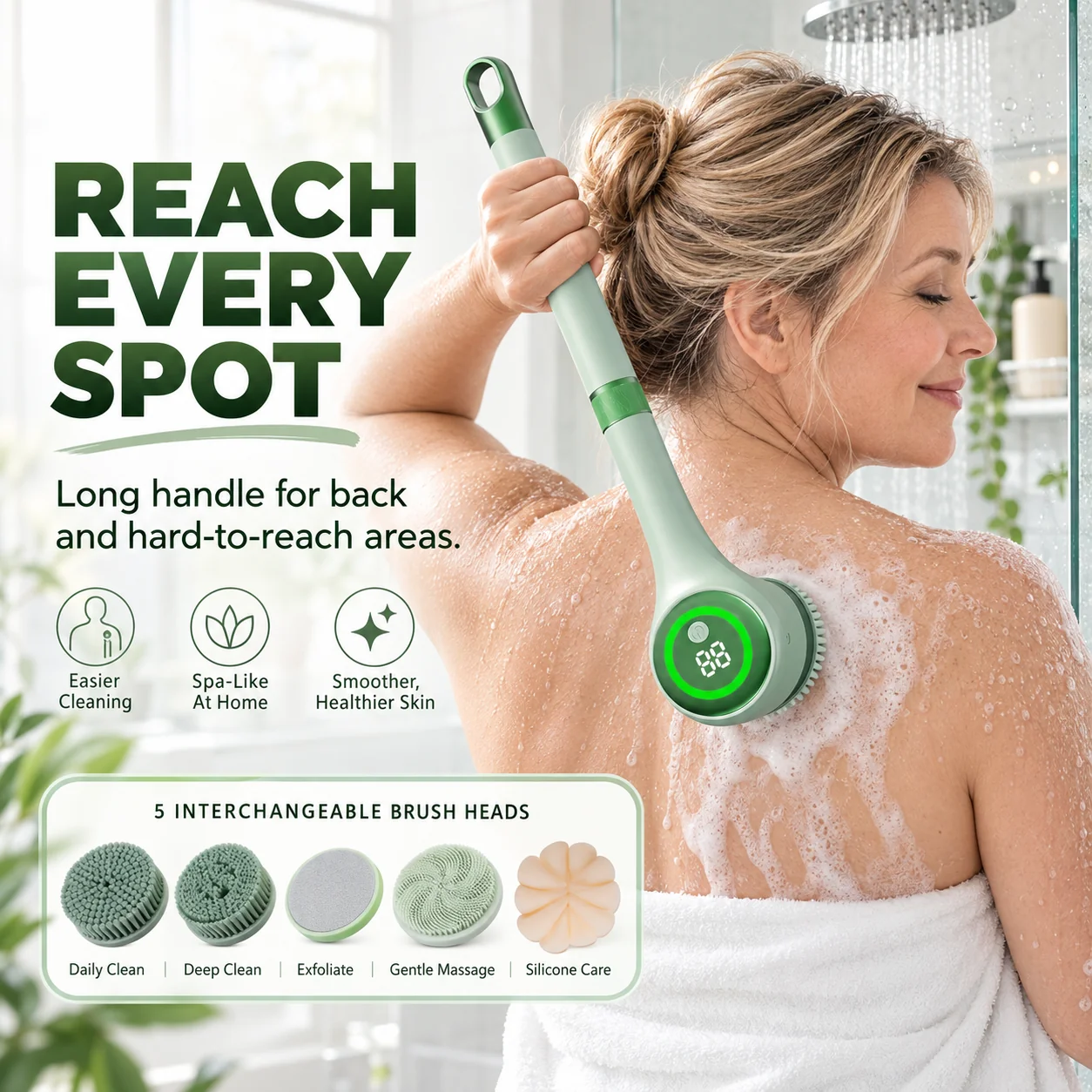 Extended handle electric body scrubber used on the back