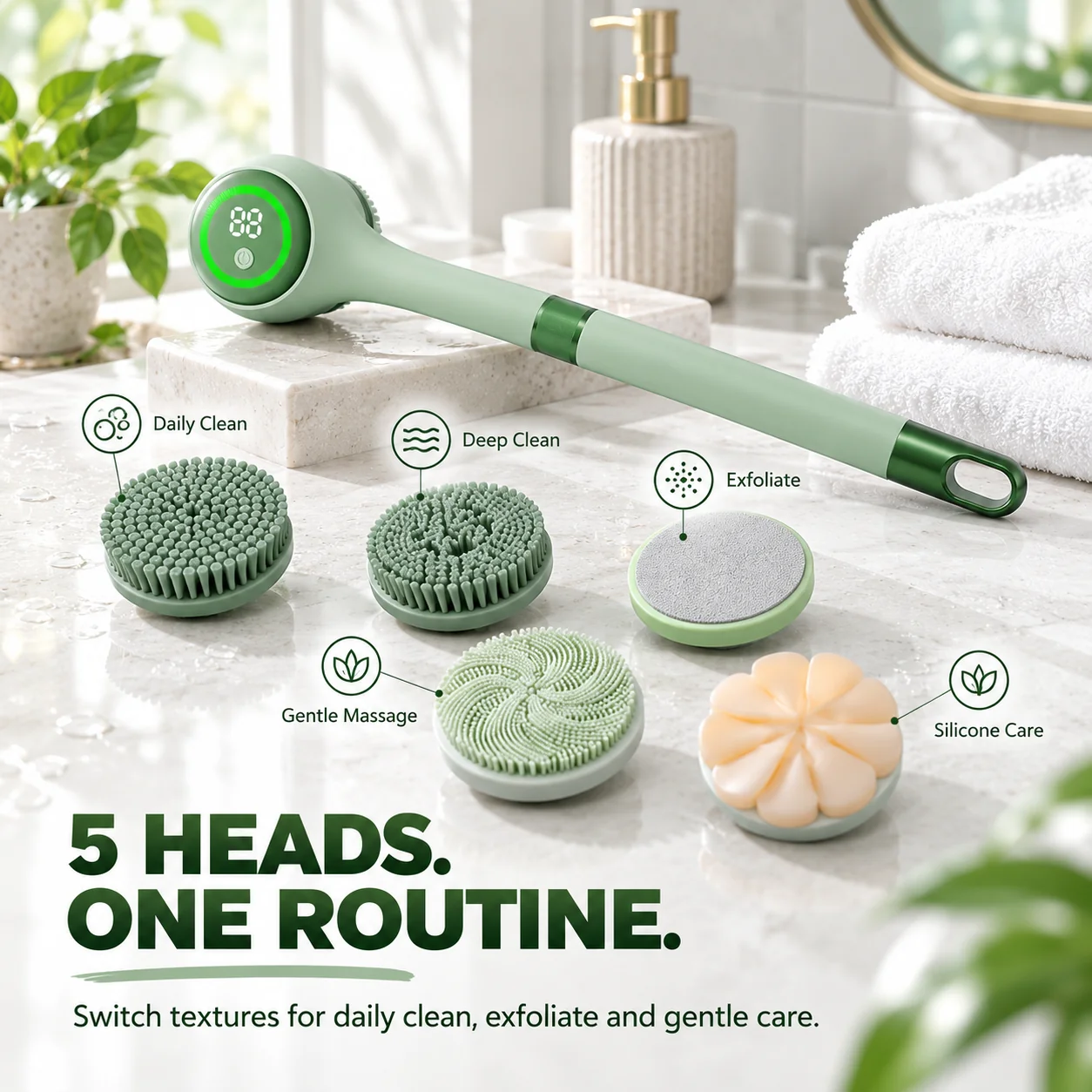 Electric body scrubber with five interchangeable brush heads