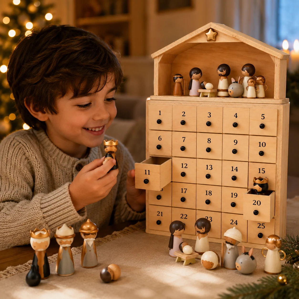 Numbered Advent drawers with Nativity figures