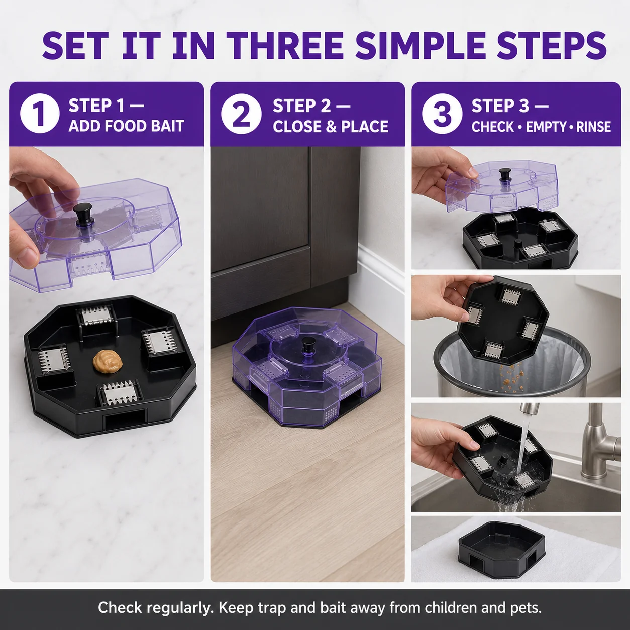 Three steps showing how to use the reusable roach trap