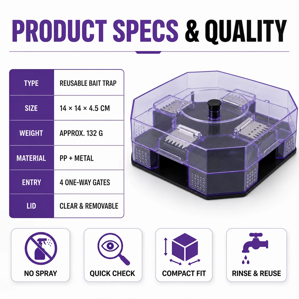 Reusable roach trap size material and product specifications