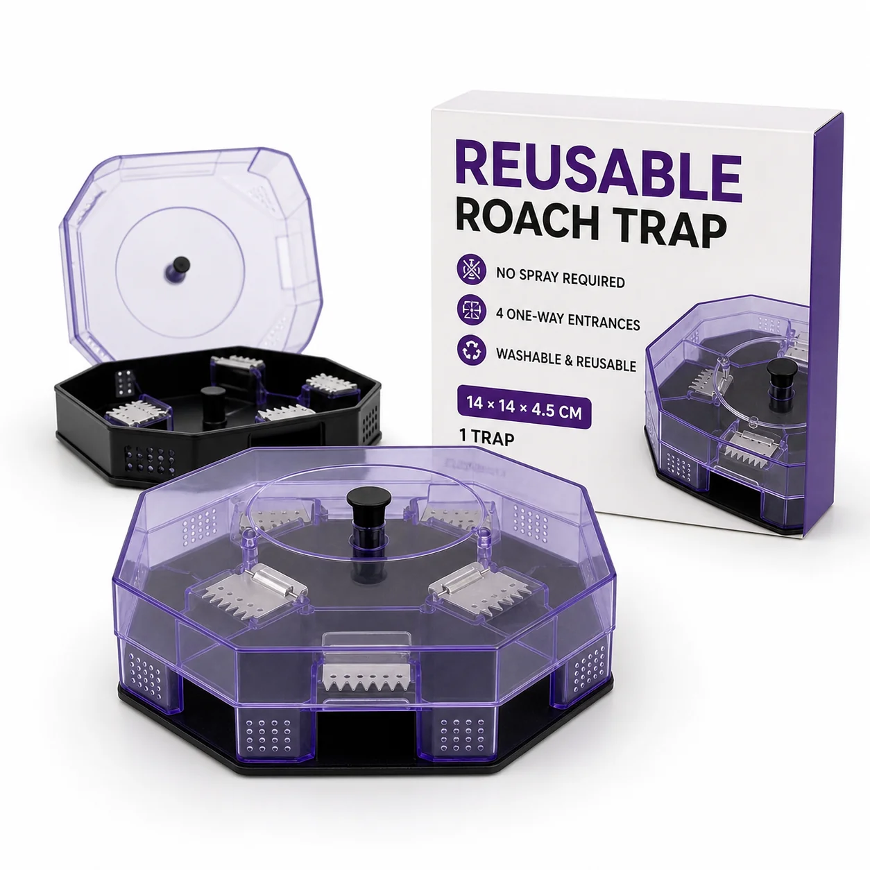 Reusable no-spray roach trap with four entry points and removable lid