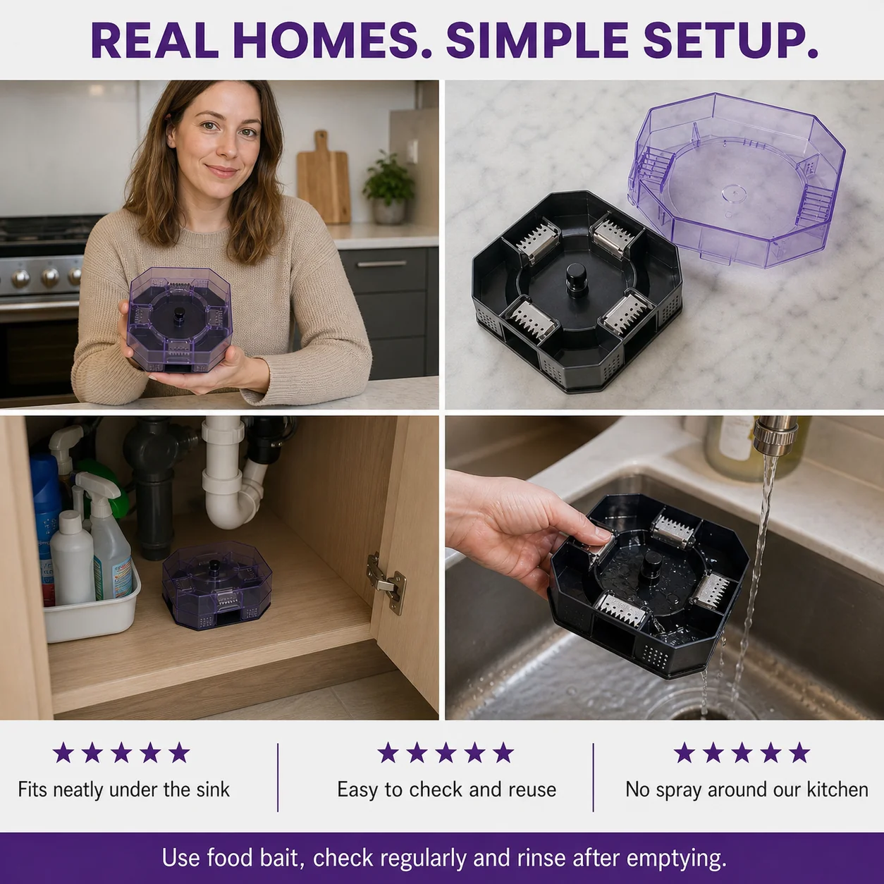 Reusable roach trap shown inside a home and being rinsed