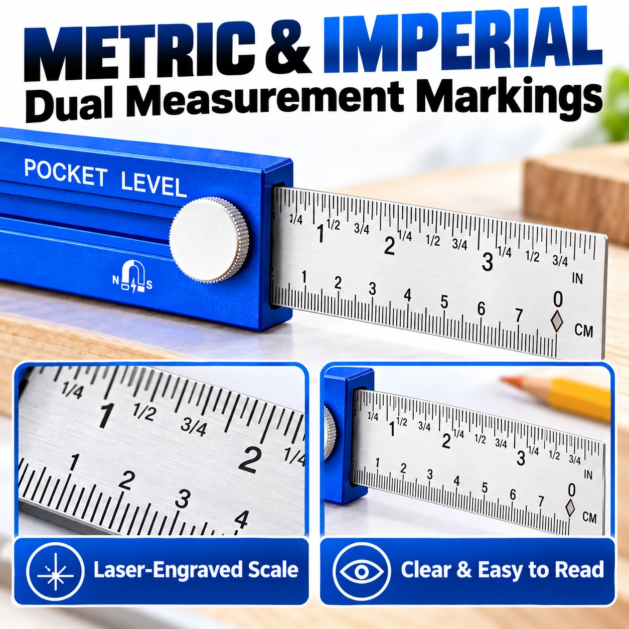 Metric and imperial laser engraved ruler markings