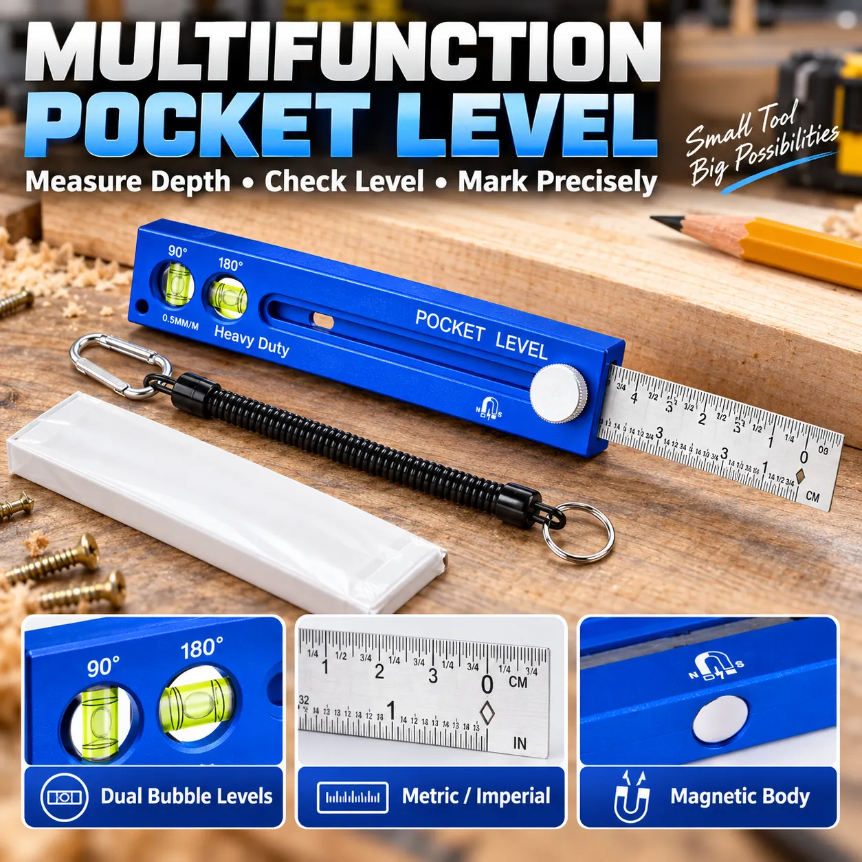 Multifunction pocket level and depth gauge