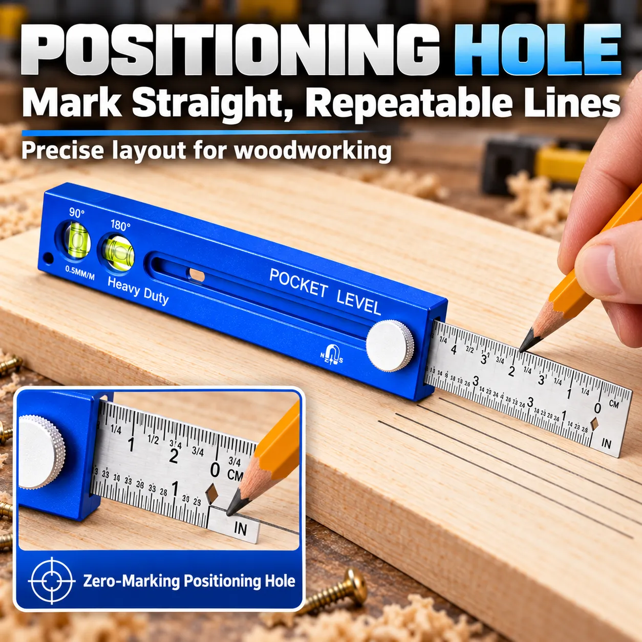 Positioning hole for straight repeatable woodworking lines