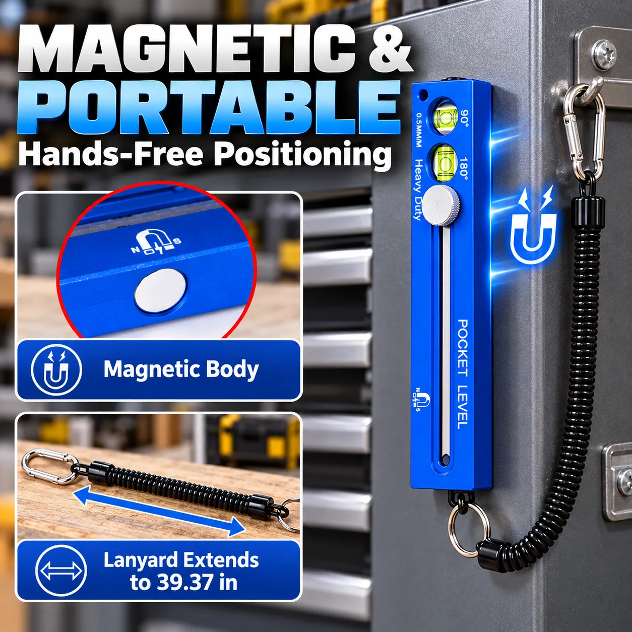 Magnetic pocket level with retractable anti loss lanyard