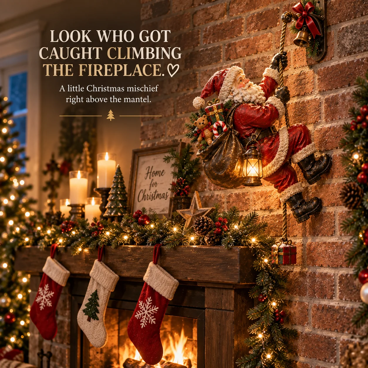 Climbing Santa above Christmas fireplace