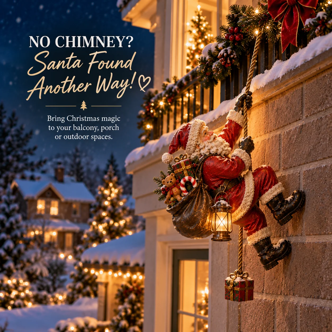 Lighted climbing Santa Christmas wall decoration at night
