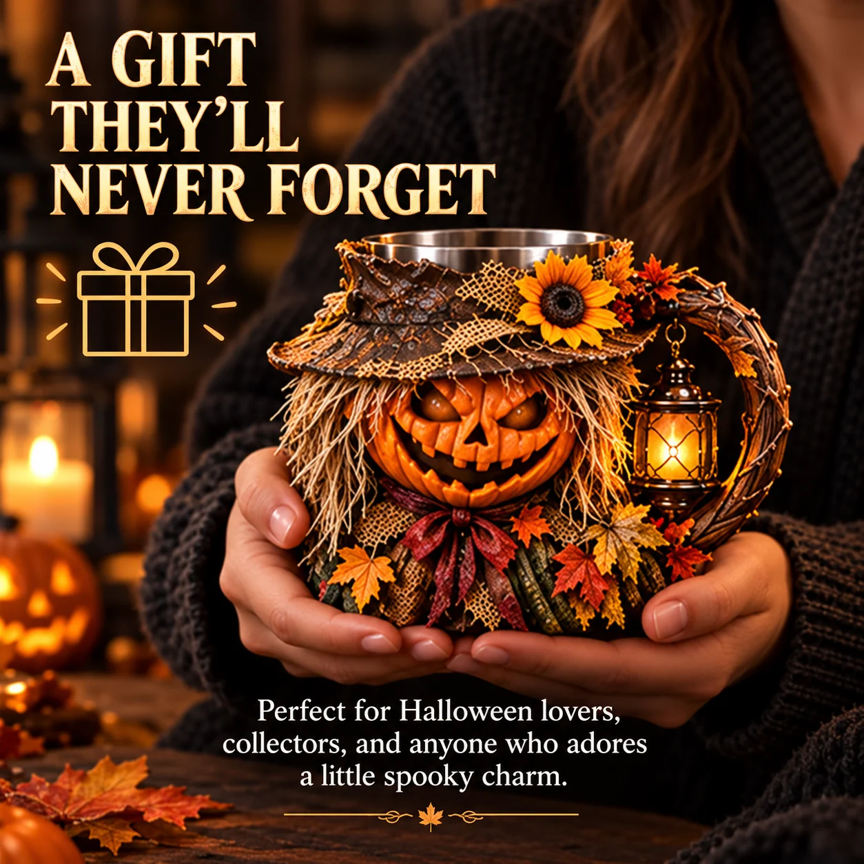 Harvest Scarecrow Halloween mug held as a gift