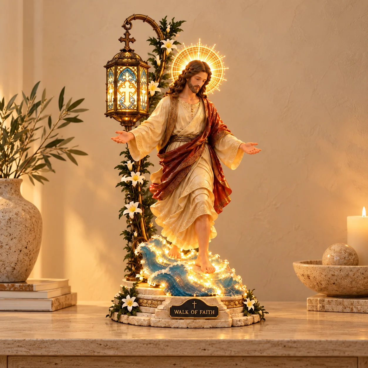 Walk by Faith illuminated Jesus walking on water display