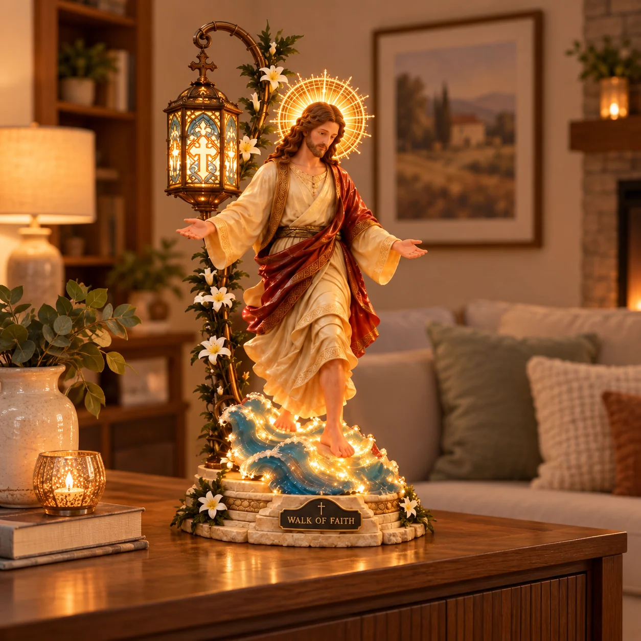 Walk by Faith light displayed in a warm living room