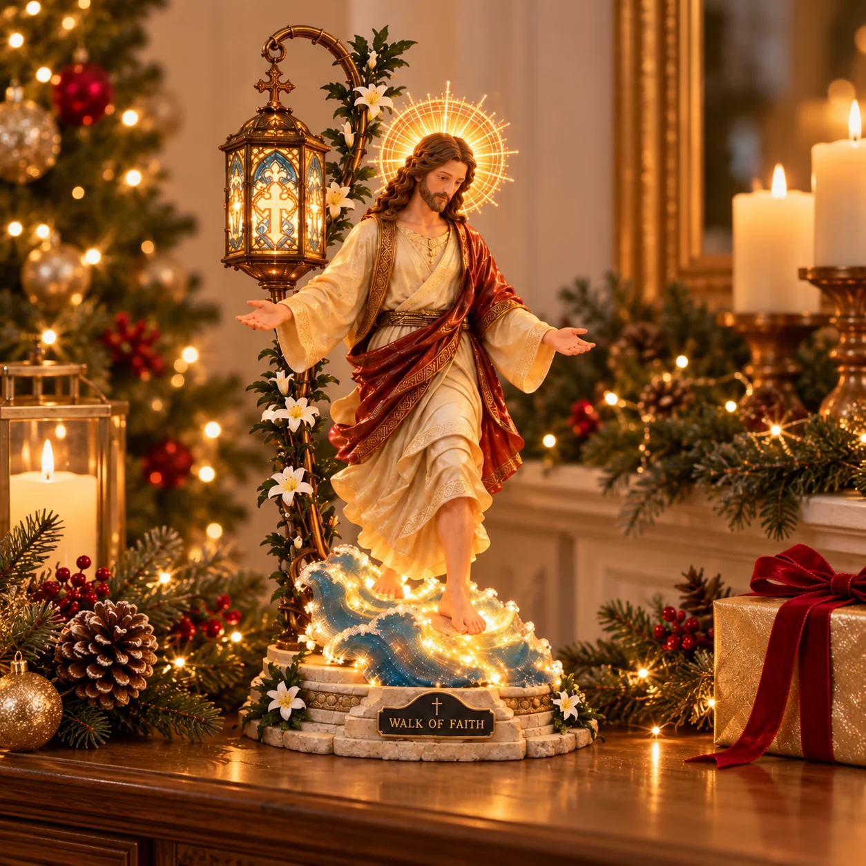 Walk by Faith illuminated sculpture in a Christmas setting