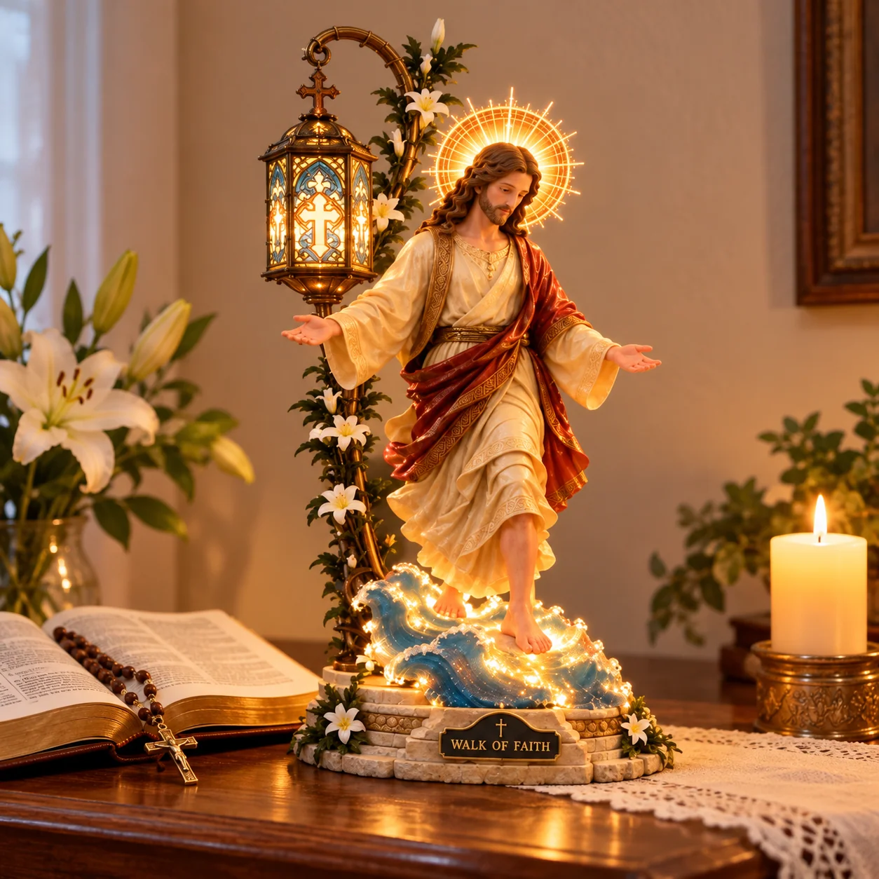 Walk by Faith light beside a Bible in a peaceful prayer corner
