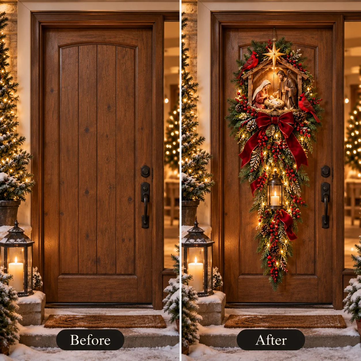 Before and after Nativity Christmas door decoration